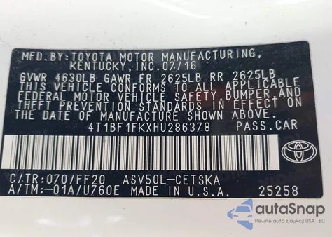 2017 Toyota Camry Se z USA, uszkodzony, nr VIN 4T1BF1FKXHU286378